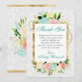 Roze en Mint Bloemen Goud Verjaardag Bedankkaart (Voorkant / Achterkant)