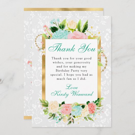 Roze en Mint Bloemen Goud Verjaardag Bedankkaart (Voorkant / Achterkant)