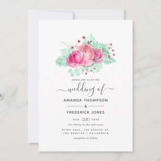Roze en Mint Bloemenbruiloft Kaart (Voorkant)