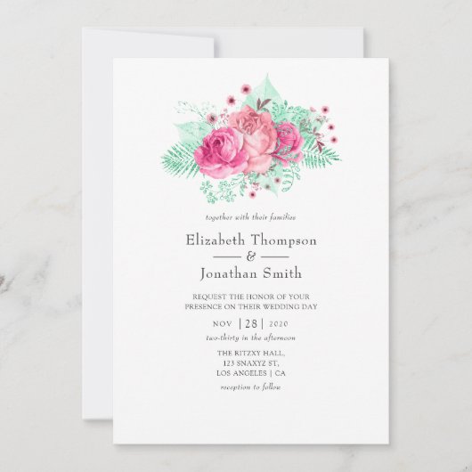 Roze en Mint Bloemenbruiloft Kaart (Voorkant)
