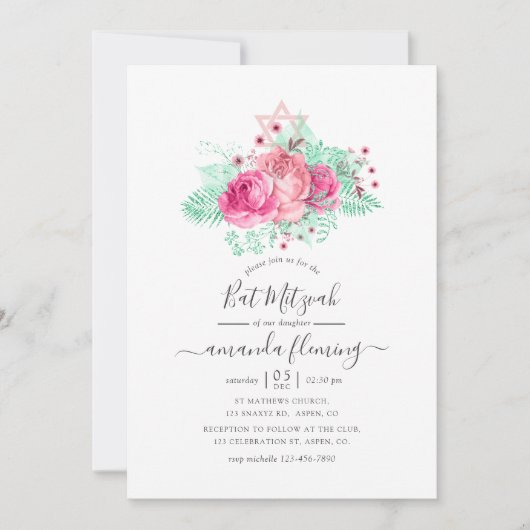 Roze en Mint Bloemenvleermuis Mitzvah Kaart (Voorkant)