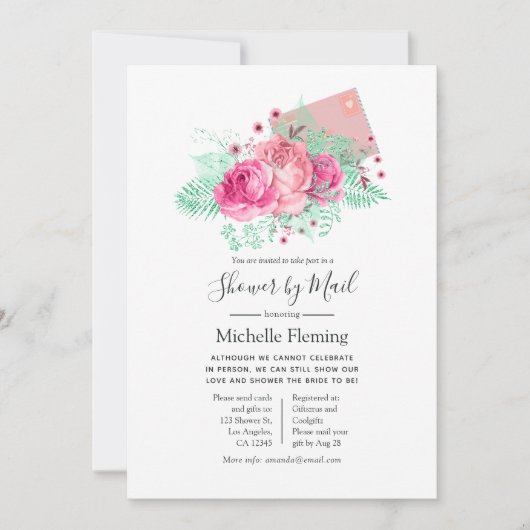 Roze en Mint Bloemige Baby- of Bruidsdouche per Po Kaart (Voorkant)