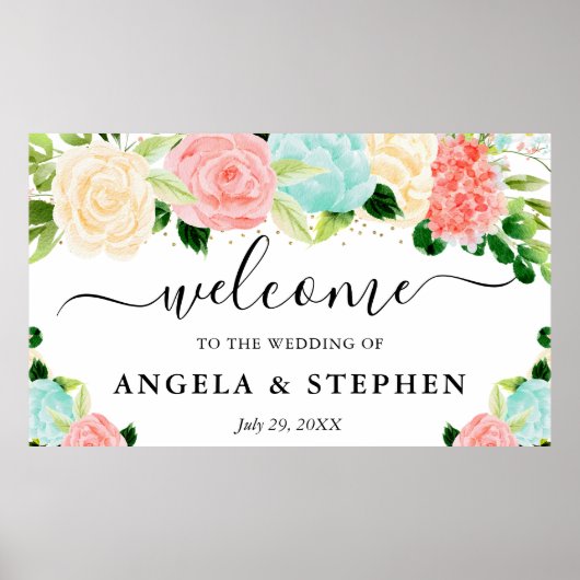 Roze en Mint Boho Bloemen Bruiloft Verwelkoming Poster (Voorkant)
