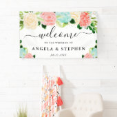 Roze en Mint Boho Bloemen Trouw Welkom Spandoek (Insitu)