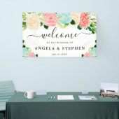 Roze en Mint Boho Bloemen Trouw Welkom Spandoek (Beurs)