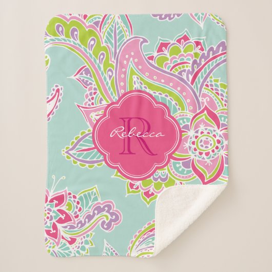Roze en Mint Boho Paisley Monogrammed Sherpa Deken (Voorkant)