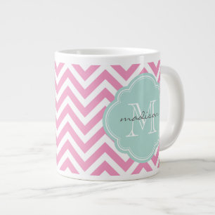 Roze en Mint Chevron Aangepast monogram Grote Koffiekop