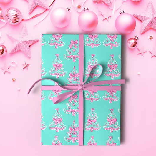 Roze en Mint Coquette Kerstbomen Cadeaupapier