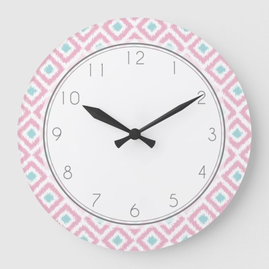 Roze en Mint Diamond Ikat Pattern Grote Klok (Voorkant)