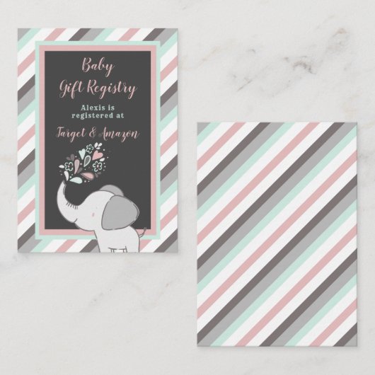 Roze en Mint Elephant Baby shower Cadeauregister Informatiekaartje (Voorkant / Achterkant)