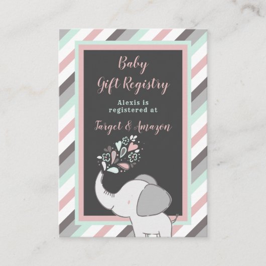 Roze en Mint Elephant Baby shower Cadeauregister Informatiekaartje (Voorkant)