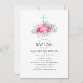 Roze en Mint Floral Baptism of Christening Kaart (Voorkant)