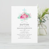 Roze en Mint Floral Baptism of Christening Kaart (Staand voorkant)