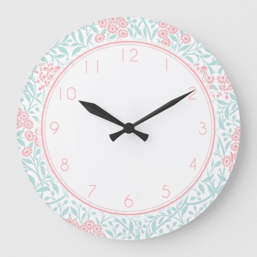 Roze en Mint Floral Damask Patroon Grote Klok (Voorkant)