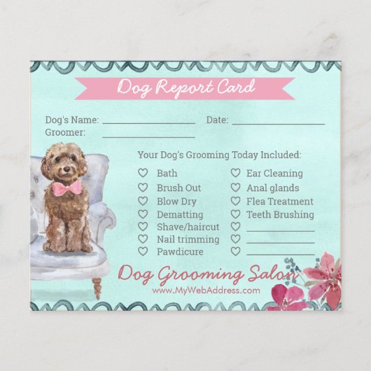 Roze en Mint Floral Dog Grooming Report Kaart (Voorkant)