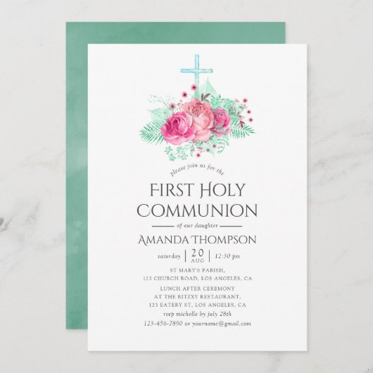 Roze en Mint Floral Eerste Heilige Communie Kaart (Voorkant / Achterkant)