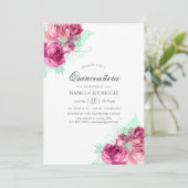 Roze en Mint Floral Quinceañera Kaart (Staand voorkant)