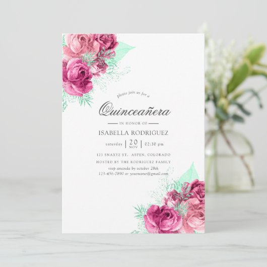 Roze en Mint Floral Quinceañera Kaart (Staand voorkant)