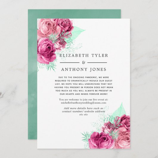 Roze en Mint Floral Verminderde Bruiloft Gastenlij Aankondiging (Voorkant / Achterkant)