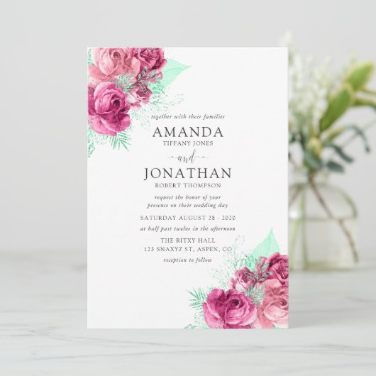 Roze en Mint Floral Wedding uitnodiging (Staand voorkant)