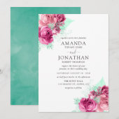 Roze en Mint Floral Wedding uitnodiging (Voorkant / Achterkant)