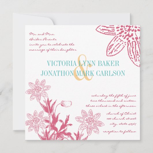 Roze en Mint Gerber Daisy Wedding Invites Kaart (Voorkant)