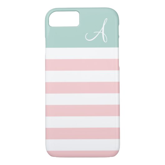Roze en Mint gestreepte Monogram iPhone 7 Hoesje (Achterkant)