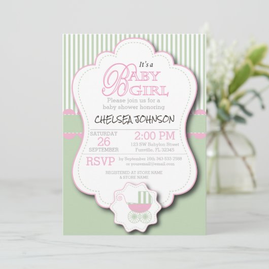 Roze en Mint Green Baby Buggy Shower Kaart (Staand voorkant)