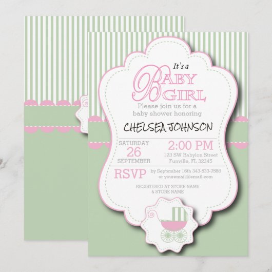 Roze en Mint Green Baby Buggy Shower Kaart (Voorkant / Achterkant)