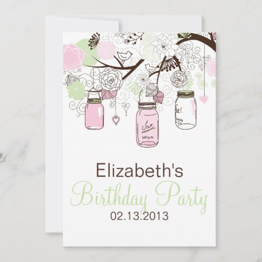 Roze en Mint Green Mason Jars Birthday Invitation Kaart (Voorkant)