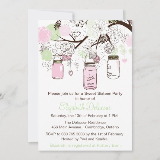 Roze en Mint Green Mason Jars Birthday Invitation Kaart (Achterkant)