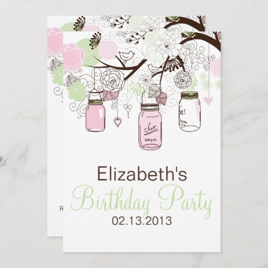 Roze en Mint Green Mason Jars Birthday Invitation Kaart (Voorkant / Achterkant)