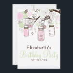 Roze en Mint Green Mason Jars Birthday Invitation Kaart<br><div class="desc">Blush Roze en Munt Green Mason Jars Birthday Invitation Feminine en schattige illustraties van bruine,  pinks en groene mijnenpotten,  bloemen,  hartsnaren en vedervogels. Deze whimsical-uitnodiging is perfect voor de lente- en zomervakantie-baby showers,  speciaal voor "Sweet Sixteen"-partijen.</div>