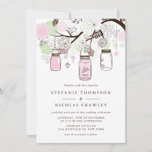 Roze en Mint Green Mason Jars Wedding Invitation Kaart