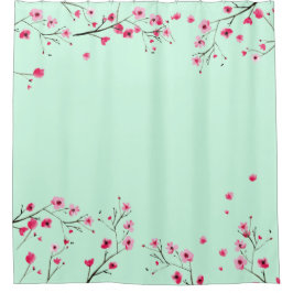 Roze en Mint Green - Waterverf Cherry Blossom Douchegordijn