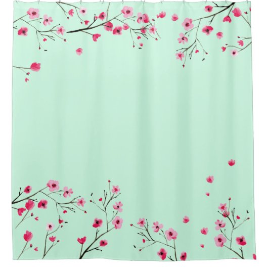 Roze en Mint Green - Waterverf Cherry Blossom Douchegordijn (Voorkant)