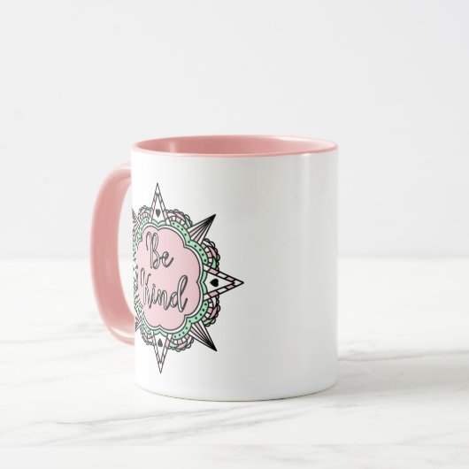 Roze en mint-groen mok (Voorkant links)