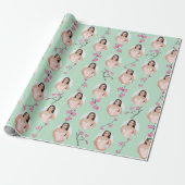 Roze en Mint Groene Cherry Blossom Custom Foto's Cadeaupapier (Uitgerold)
