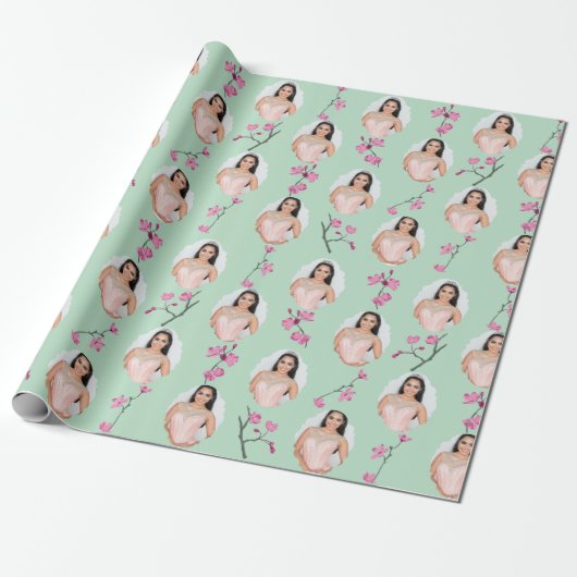 Roze en Mint Groene Cherry Blossom Custom Foto's Cadeaupapier (Uitgerold)