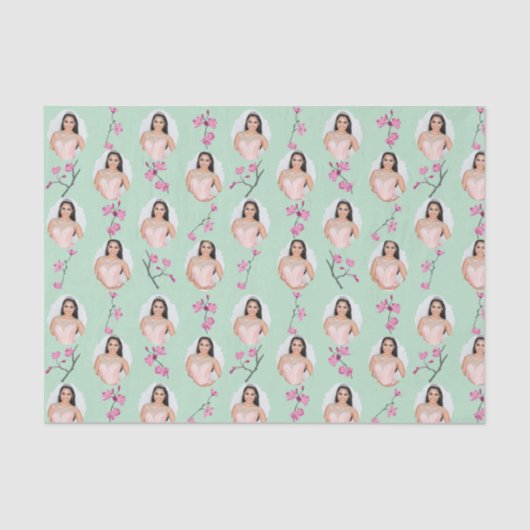 Roze en Mint Groene Cherry Blossom Custom Foto's Tissuepapier (Voorkant)