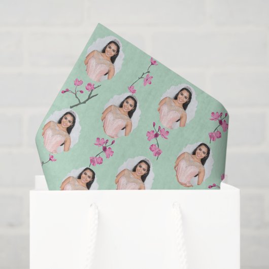 Roze en Mint Groene Cherry Blossom Custom Foto's Tissuepapier (Cadeauzakje)