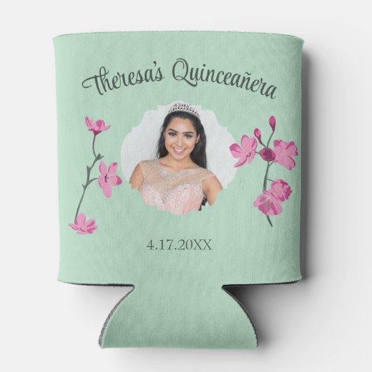 Roze en Mint Groene Cherry Blossom Custom Photo Blikjeskoeler (Achterkant)