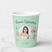Roze en Mint Groene Cherry Blossom Custom Photo Papieren Bekers (Voorkant)