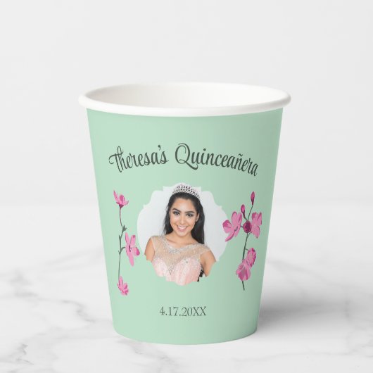 Roze en Mint Groene Cherry Blossom Custom Photo Papieren Bekers (Voorkant)