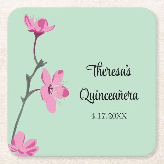 Roze en Mint Groene Cherry Blossom Quinceanera Kartonnen Onderzetters (Voorkant)