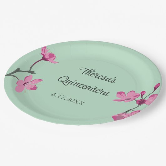 Roze en Mint Groene Cherry Blossom Quinceanera Papieren Bordje (Gekanteld)