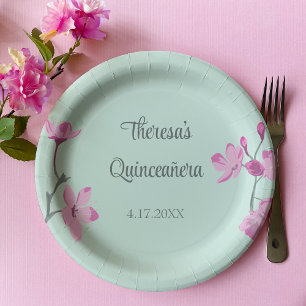 Roze en Mint Groene Cherry Blossom Quinceanera Papieren Bordje