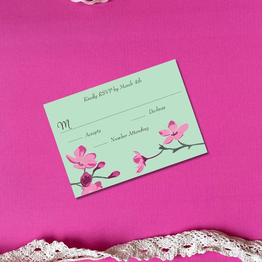 Roze en Mint Groene Cherry Blossom Quinceanera RSVP Kaartje