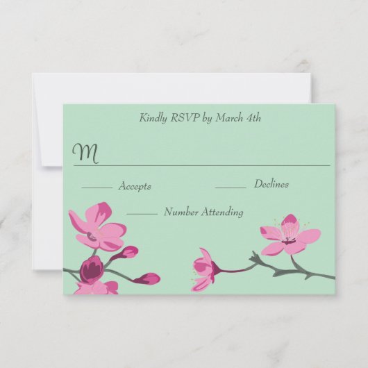 Roze en Mint Groene Cherry Blossom Quinceanera RSVP Kaartje (Voorkant)