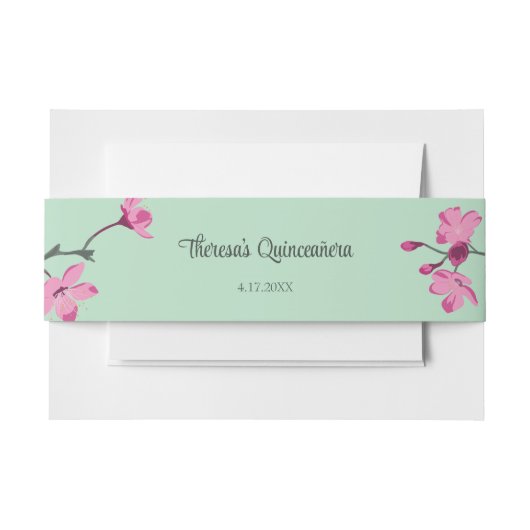 Roze en Mint Groene Cherry Blossom Quinceanera Uitnodigingen Wikkel (Voorkant Voorbeeld)